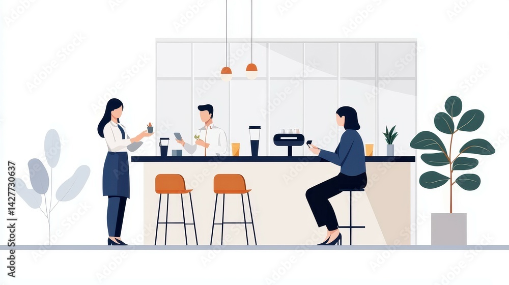 Obraz premium Modern café scene with a woman serving drinks and two customers enjoying their time.