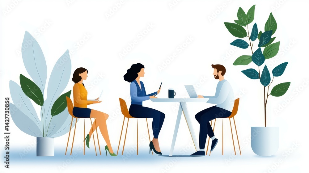 Fototapeta premium Three professionals engaged in a collaborative meeting surrounded by greenery.