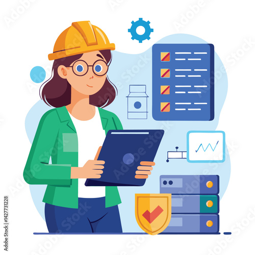 female engineer checks the program and discovers an error. Hand drawn style vector design illustrations vector