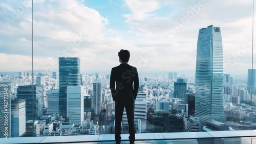 高層階から東京のビル群をみおろす男性会社員の後ろ姿（転職・就職・新卒・外資系企業）	