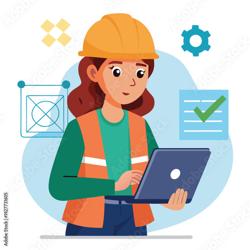 female engineer checks the program and discovers an error. Hand drawn style vector design illustrations vector