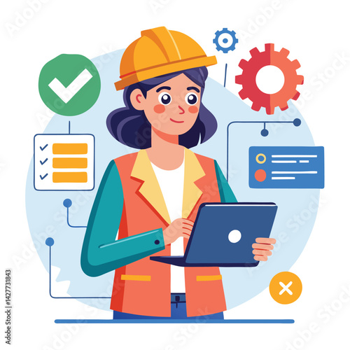 female engineer checks the program and discovers an error. Hand drawn style vector design illustrations vector