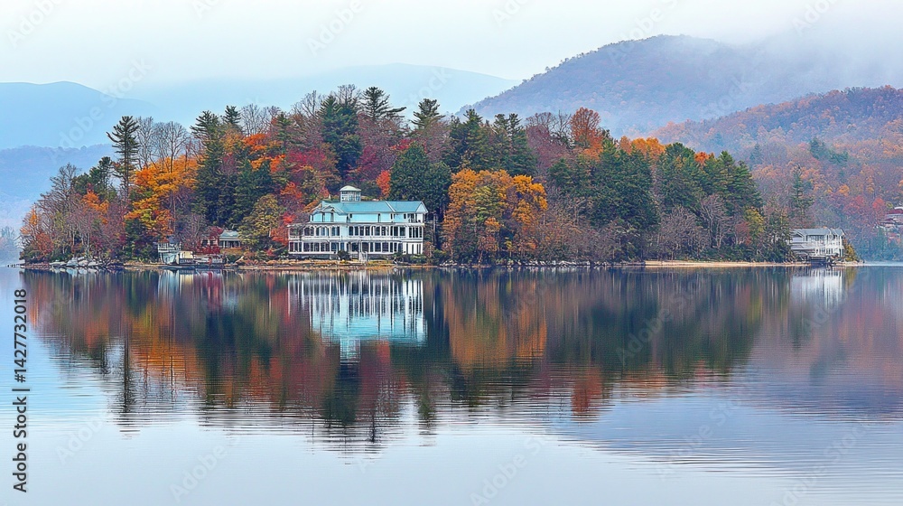 Fototapeta premium Tranquil island resort reflected in a calm lake, autumn colors.