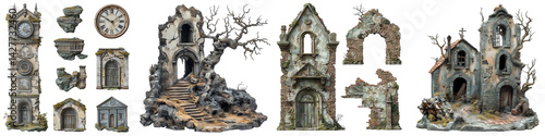 Abandoned buildings trees clock ruins detailed model set on transparent background