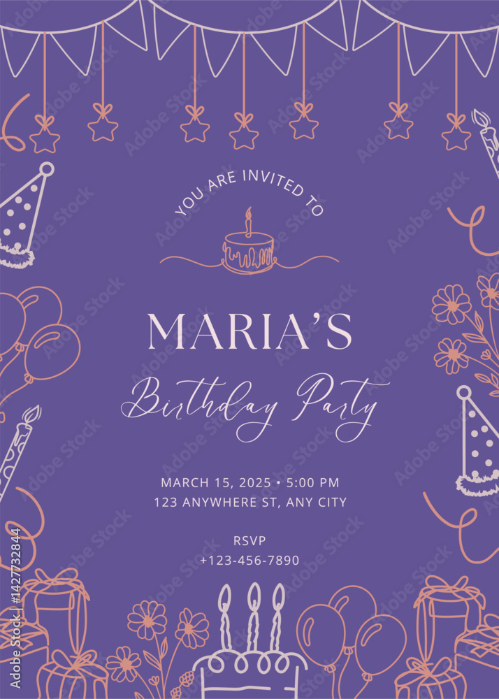 Fototapeta premium Line art Birthday party invitation template vector illustration. Birthday girl invitation card design.