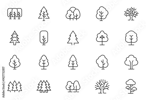 Tree and Forest Line Icon Bundle. Modern Collection for Design, Web Sites, Apps, Cards. Contains Linear Images of Deciduous and Coniferous Trees. Editable stroke. Vector illustration.