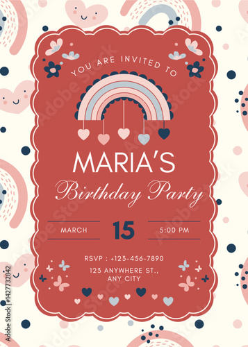 Pastel rainbow Birthday party invitation template vector illustration. Birthday girl invitation card design.