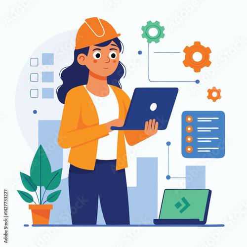 female engineer checks the program and discovers an error. Hand drawn style vector design illustrations vector