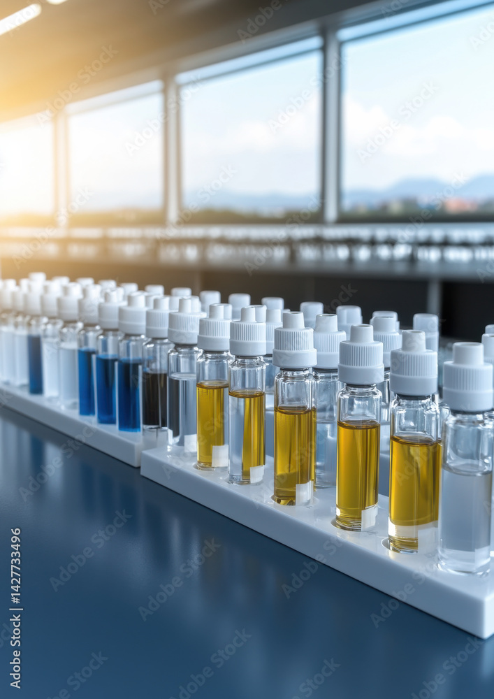 Laboratory experiment displaying various liquid samples research facility scientific study clean environment close-up perspective Laboratory experiment displaying various liquid samples research facility scientific study clean environment close-up perspective