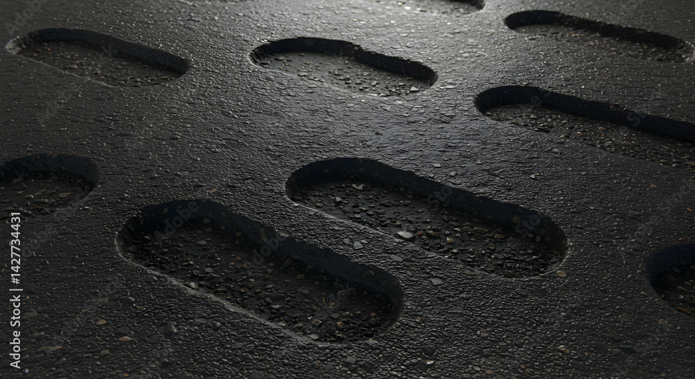 Obraz premium Dark Grungy Asphalt Surface With Recessed Pattern Detailed Macro View