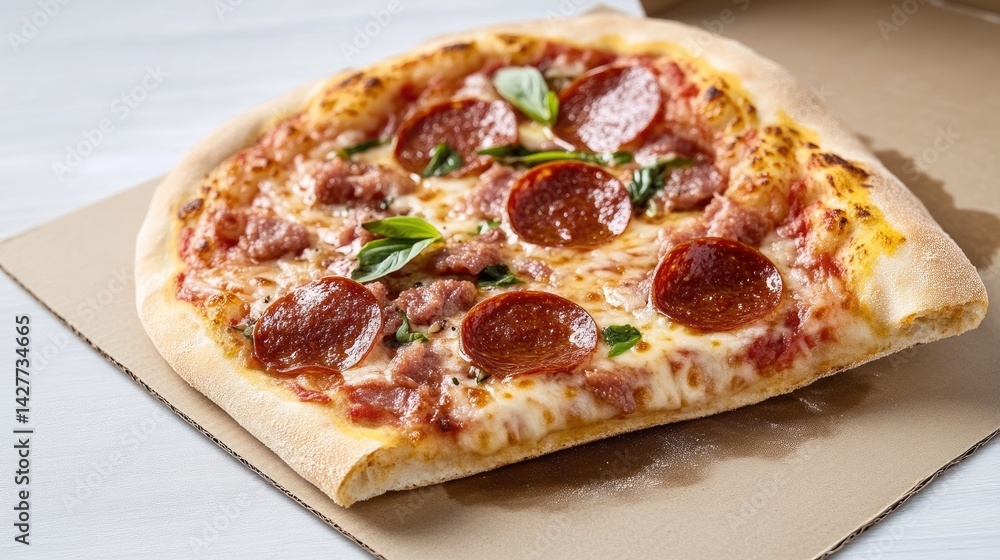 Delicious pizza slice on cardboard box. A mouthwatering portion of pizza with melted cheese, pepperoni, and basil Delicious pizza slice on cardboard box. A mouthwatering portion of pizza with melted cheese, pepperoni, and basil