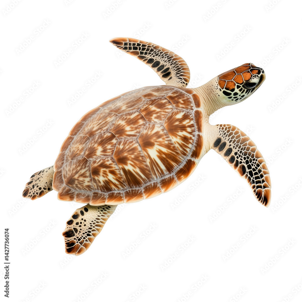 Naklejka premium A sea turtle gliding elegantly through the water, showcasing its beautiful shell and flippers. A truly captivating moment