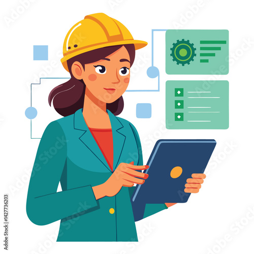 female engineer checks the program and discovers an error. Hand drawn style vector design illustrations vector