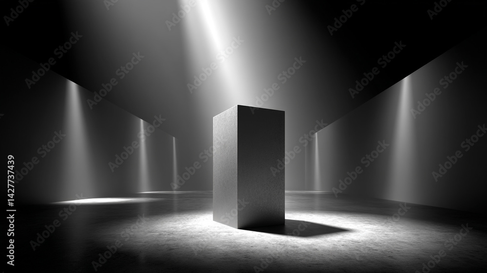 Fototapeta premium Modern Concrete Architectural Interior Design style with two metal podiums in dramatic lighting 