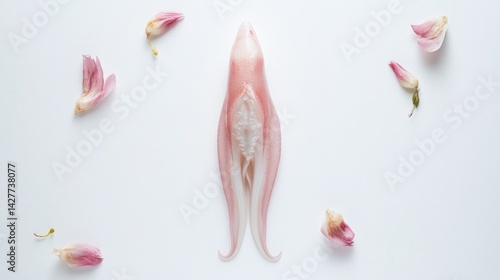 Detailed anatomical representation of the female genitalia, surrounded by delicate floral elements