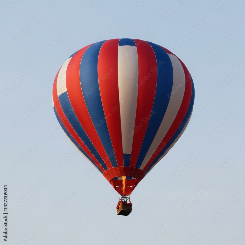 Naklejka premium A colorful hot air balloon with red blue and white stripes floats in the clear sky during the day