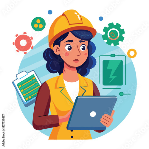 female engineer checks the program and discovers an error. Hand drawn style vector design illustrations vector