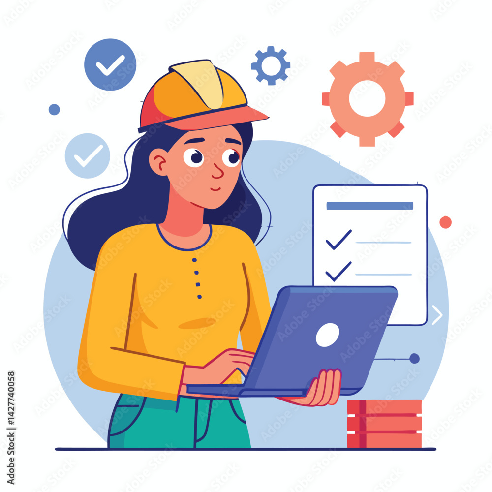 female engineer checks the program and discovers an error. Hand drawn style vector design illustrations vector female engineer checks the program and discovers an error. Hand drawn style vector design illustrations vector