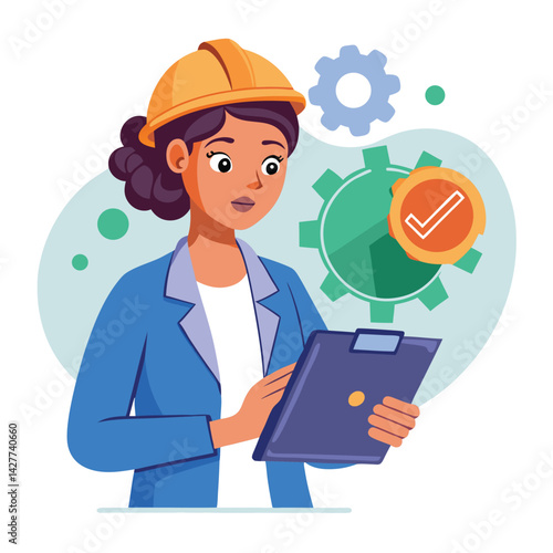 female engineer checks the program and discovers an error. Hand drawn style vector design illustrations vector