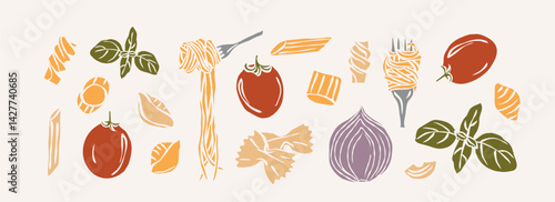 Flat vector italian pasta ingredients illustration