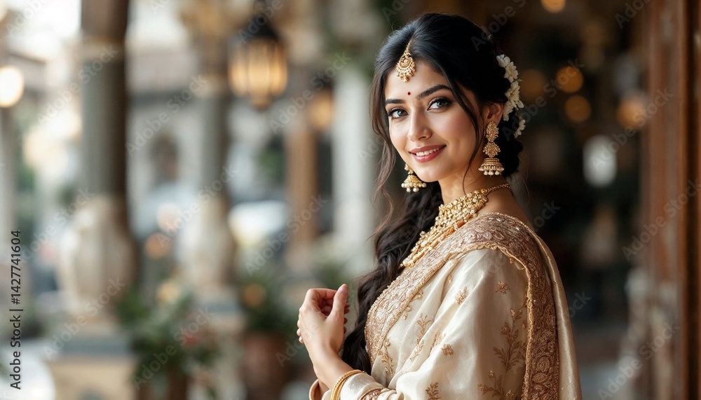 Fototapeta premium Portrait of Beautiful Young Woman in Traditional Indian Saree and Jewelry – Elegant Ethnic Fashion Photography
