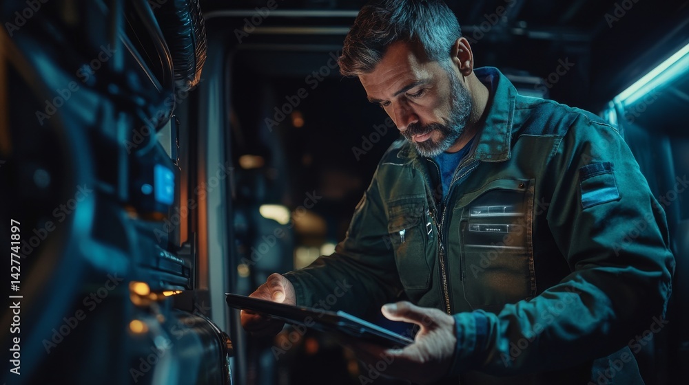 Fototapeta premium Focused Technician Inspecting Industrial Vehicle
