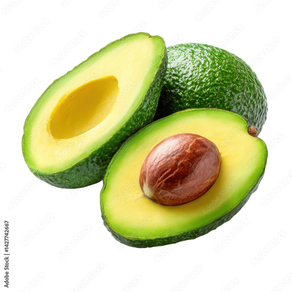 Arrangement of fresh avocados with one cut in half Arrangement of fresh avocados with one cut in half
