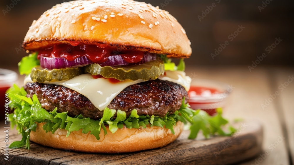 Delicious burger with cheese and pickles on wooden board gourmet food photography rustic setting Delicious burger with cheese and pickles on wooden board gourmet food photography rustic setting