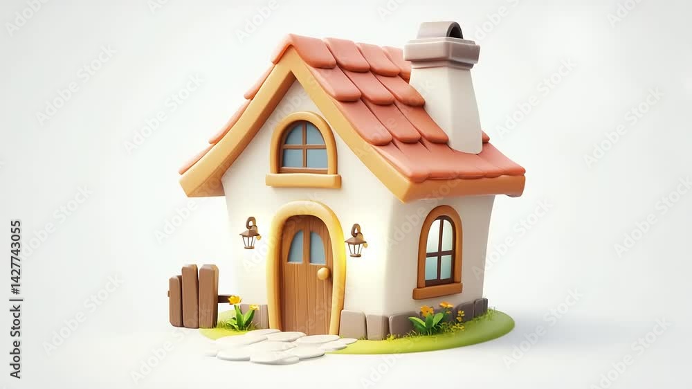 Charming cartoon-style house with a cozy entrance, surrounded by flowers and greenery in a bright setting Charming cartoon-style house with a cozy entrance, surrounded by flowers and greenery in a bright setting