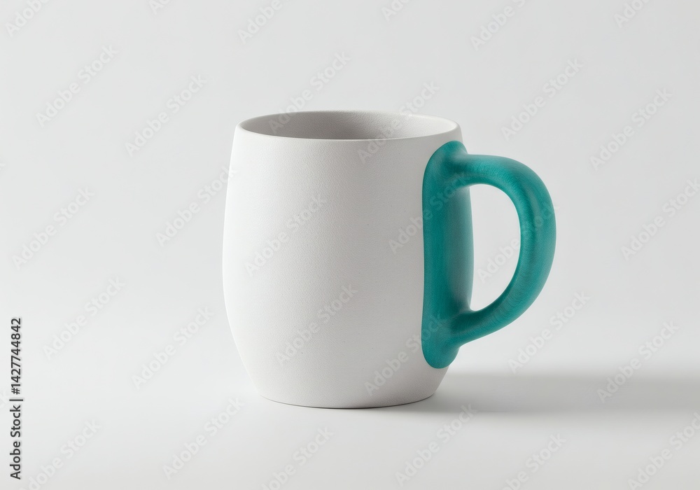Fototapeta premium White ceramic mug with turquoise handle stands alone