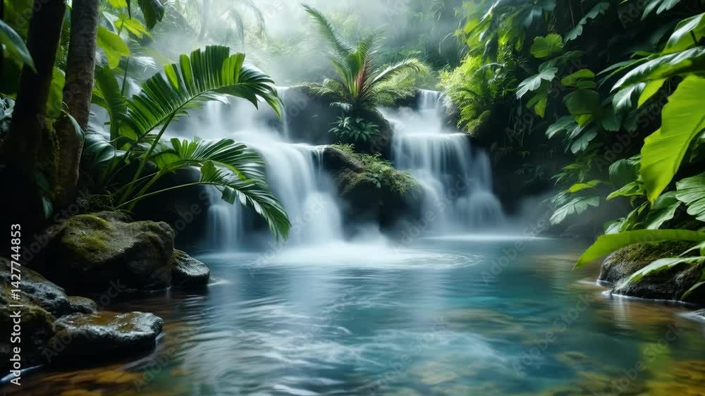 Serene Tropical Jungle Waterfall Surrounded by Lush Greenery and Misty Atmosphere in a Tranquil Natural Setting Serene Tropical Jungle Waterfall Surrounded by Lush Greenery and Misty Atmosphere in a Tranquil Natural Setting