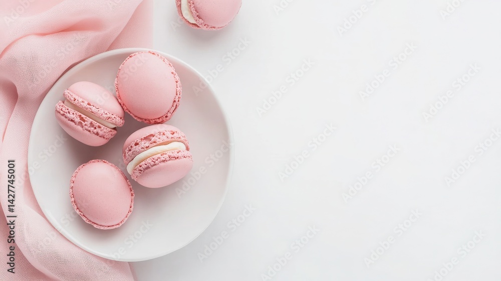 Fototapeta premium Pink Macarons on White Plate with Pastel Background