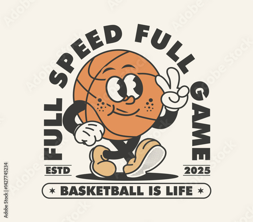 Funny retro basketball cartoon character, perfect for t shirts, posters, stickers, prints, and more. Vector illustration in vintage style