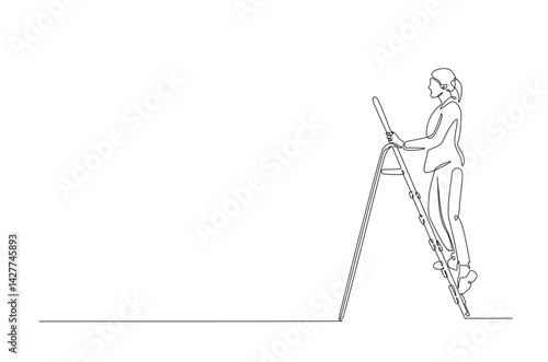 Woman climibing ladder continuous one line drawing. Single line art illustration of woman climbing ladder. Editable vector.