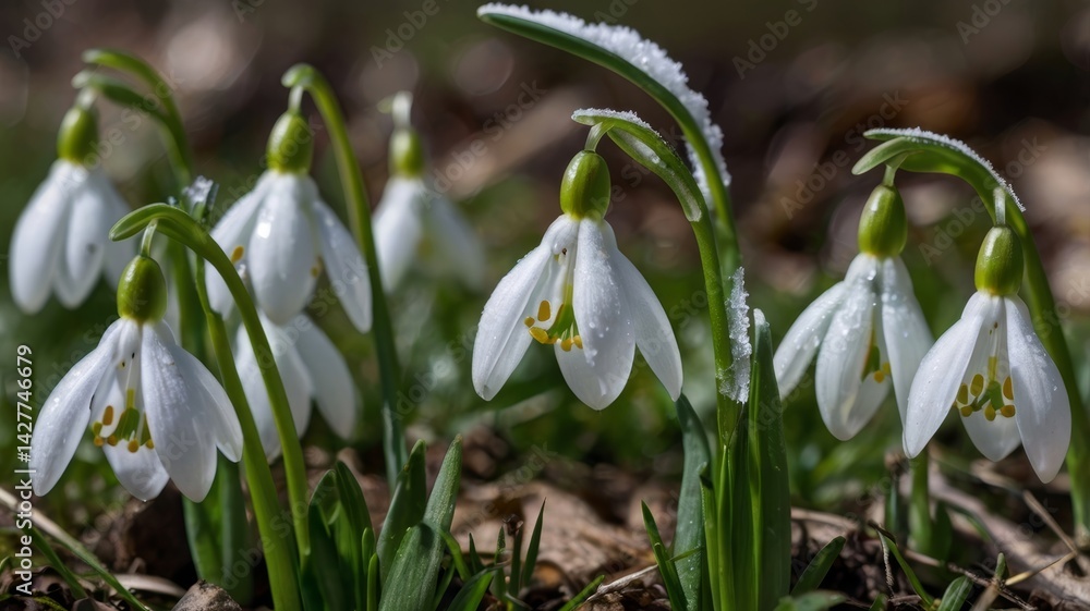 White snowdrop flowers bloom in the spring snow, a beautiful closeup of nature's floral beauty White snowdrop flowers bloom in the spring snow, a beautiful closeup of nature's floral beauty