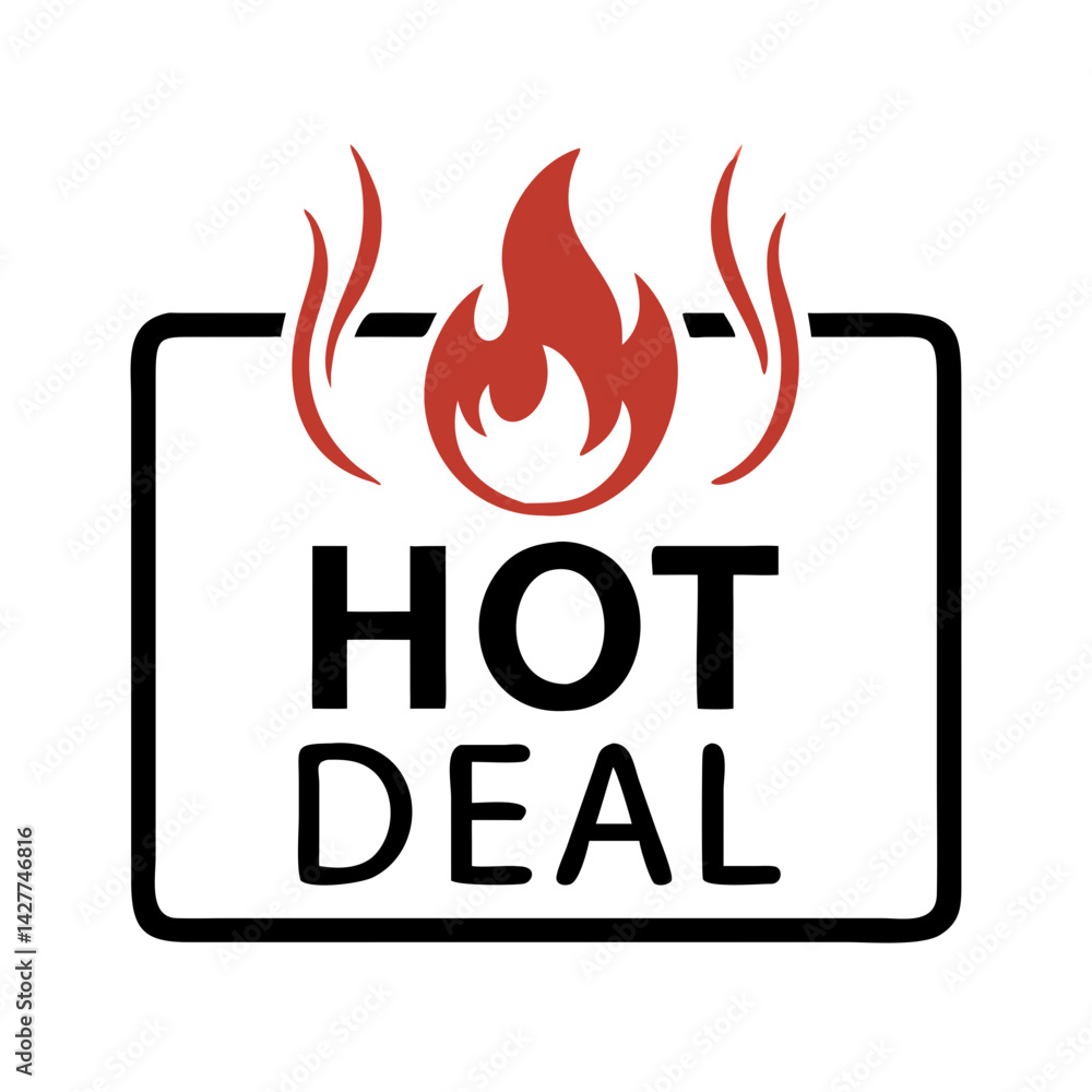 Hot deal icon with flame and bold black lettering Hot deal icon with flame and bold black lettering