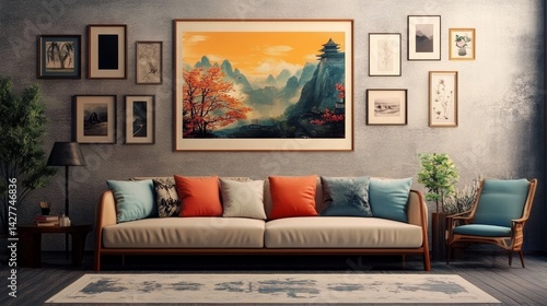 Serene Asian Landscape Large Framed Print, Gallery Wall Composition, Zen Decor, living room design. Asian art, interior design
