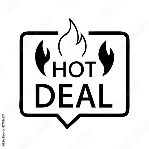 Hot deal icon with flames and bold text in outline style