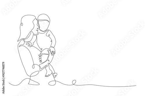 Happy mother and baby in continuous one line drawing. Single line art illustration of mother and child. Editable vector.