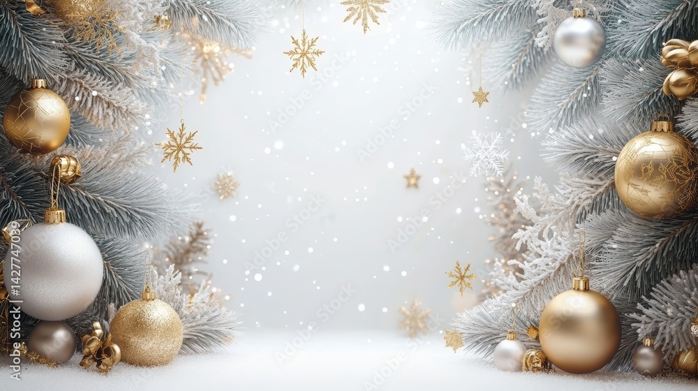 Snowy Christmas Composition Gold and Silver Ornaments, Winter Branches, Festive Background. Christmas Decorations, Holiday Christmas, Winter