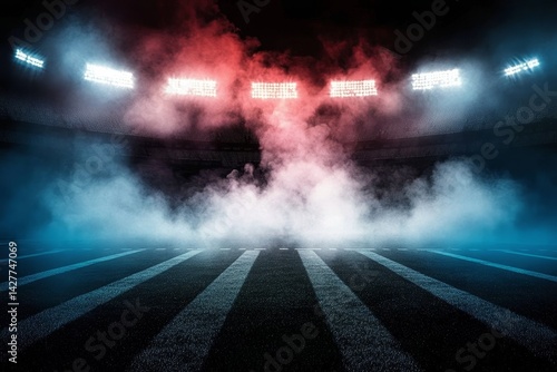 Smoky Stadium Field Red and Blue Lit Composition, Dramatic Atmosphere, Night Game Concept, Stadium Lights, Smoke, Field Lines Stadium, Night Game
