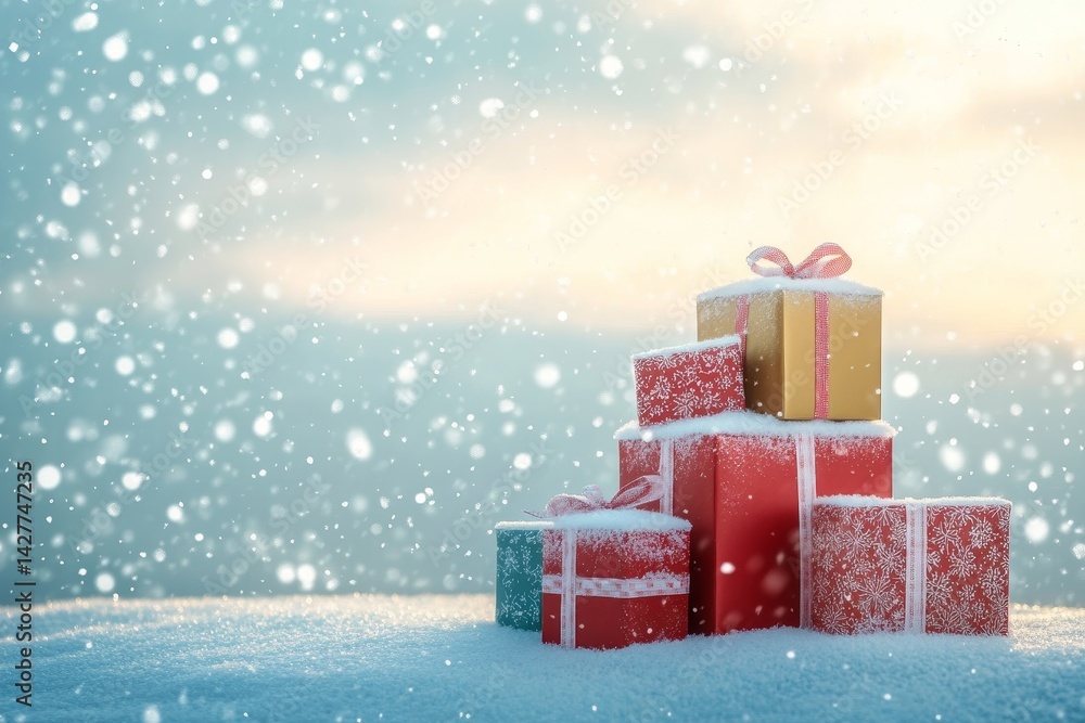 Snowy Christmas Gifts Stack Winter Wonderland Scene, Red and Gold Presents, Festive Background Christmas, Gifts