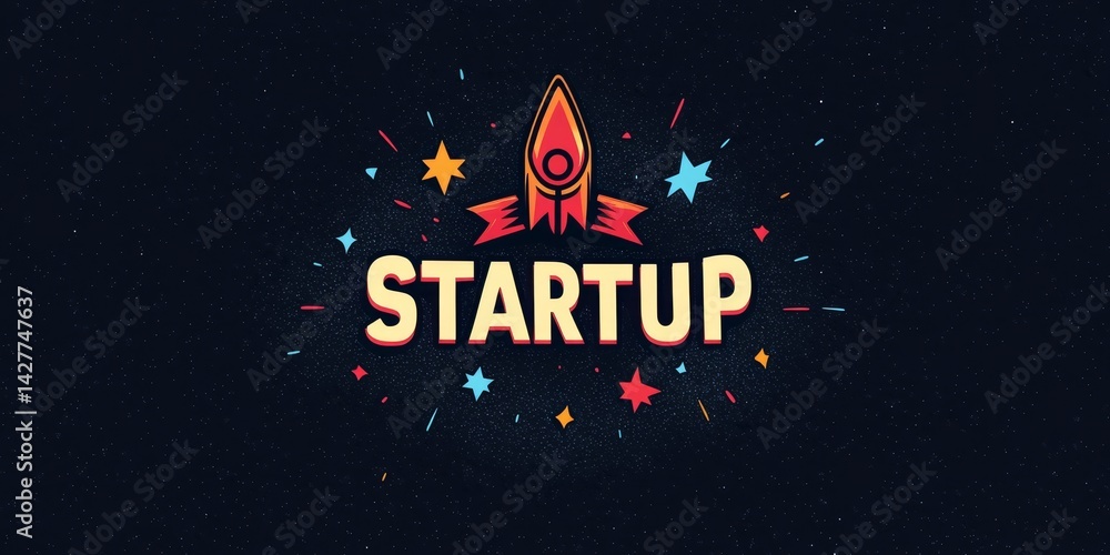 Startup Rocket Launch Dark Space Background with Colorful Stars, Business Concept, Illustration, Startup, Rocket Startup, Business