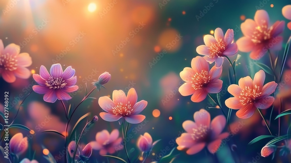 Sunset Blossom Field Digital Painting, Floral Composition, Soft Focus, Warm Hues, Fantasy Art, Nature, Flowers Keywords digital art