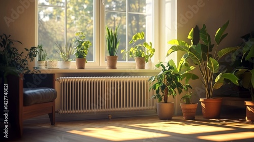 Sunlit Windowsill Plants Indoor Jungle Composition, Houseplants in Pots, Warm Sunlight, Home Decor, 3D Render. Houseplants, Interior Design