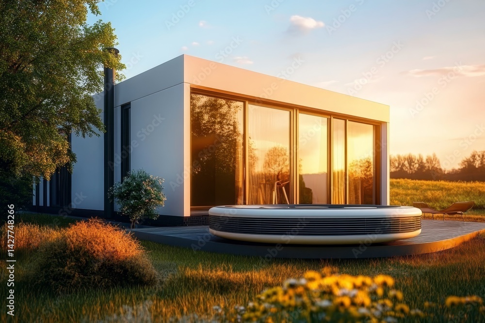 Sunset Modern Minimalist Home Design Hot Tub, Large Windows, Landscape, 3D Render, Architecture Visualization, Exterior Modern Architecture, 3D Rendering