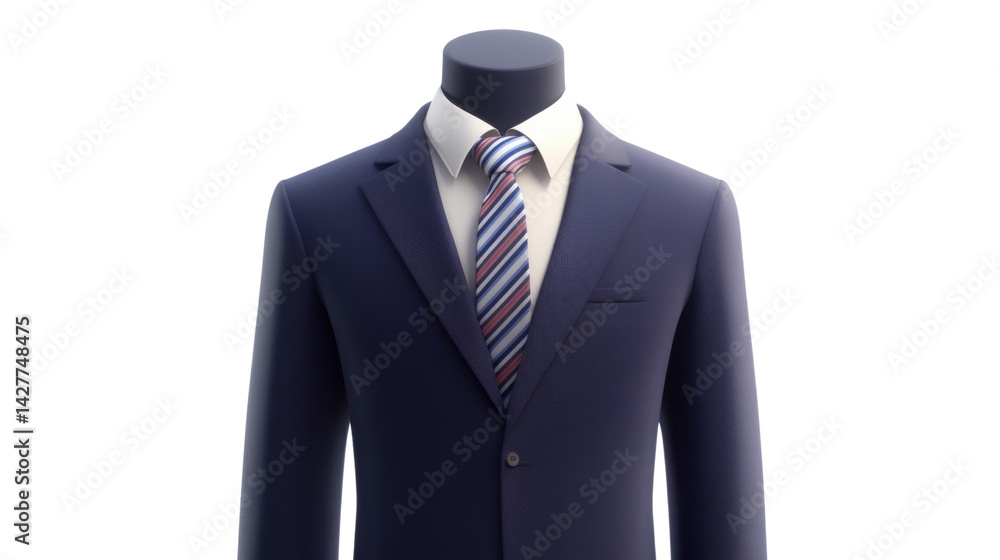 Suit on mannequin with striped tie and white shirt in studio shot.
Suit on mannequin with striped tie and white shirt in studio shot.