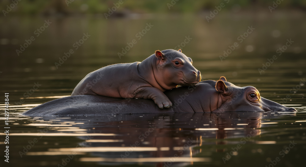Fototapeta premium Baby hippo resting on mother in calm water during golden hour. Wild animals showing parental care and bonding. Wildlife conservation awareness and animal behavior educational materials