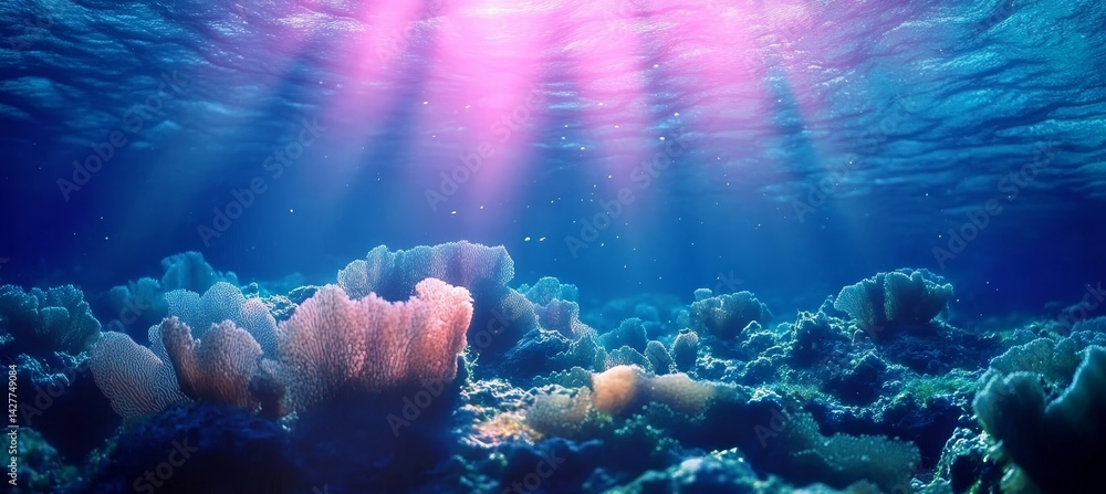 Underwater Coral Reef Pink Sunbeams, Vibrant Colors, Ocean Scene, Coral, Underwater Ocean Photography, Marine Life