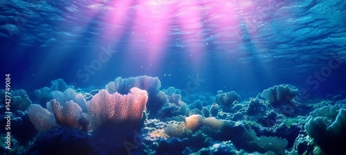 Obraz na płótnie Underwater Coral Reef Pink Sunbeams, Vibrant Colors, Ocean Scene, Coral, Underwater Ocean Photography, Marine Life w salonie